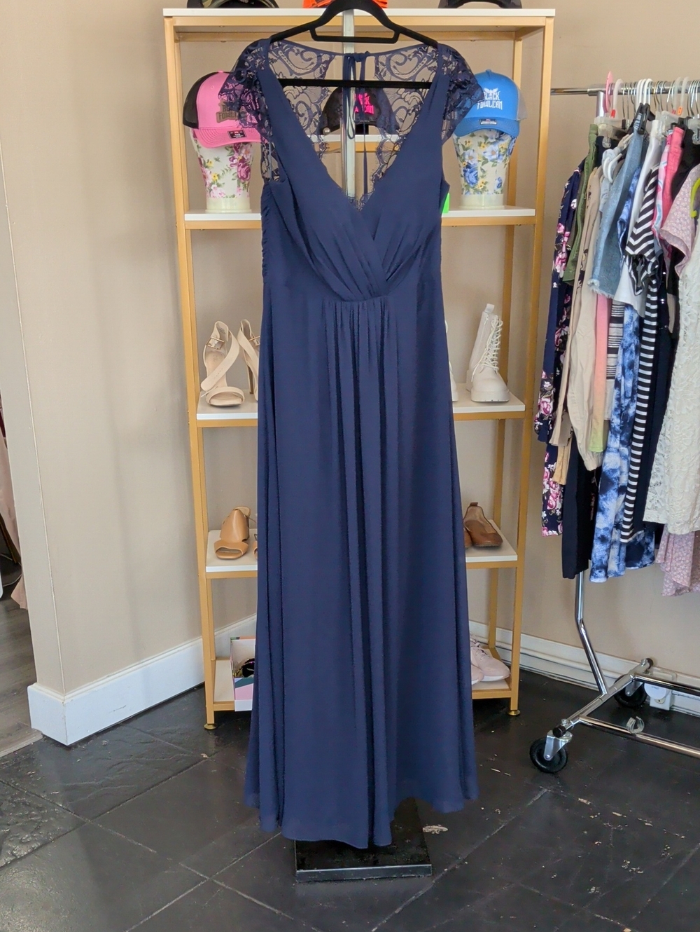 Hayley Paige Navy Lace-Back V-Neck Maxi Dress